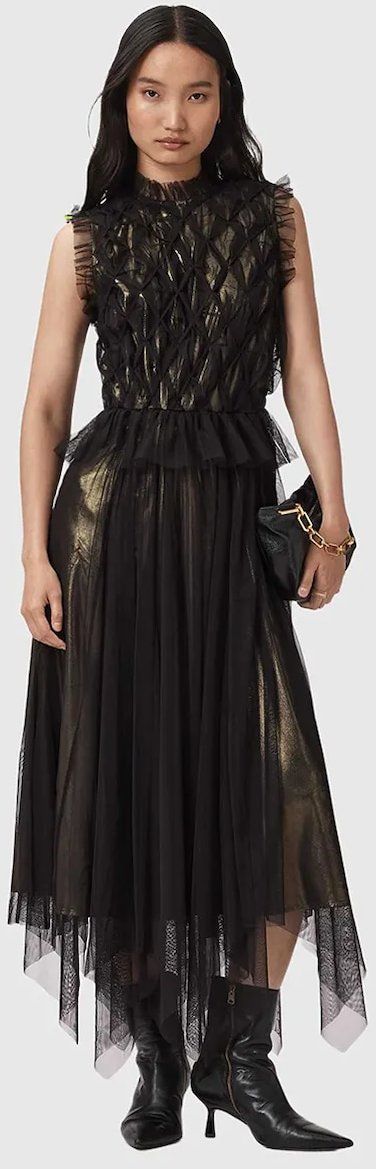 Šaty AllSaints čierna farba, midi, áčkový strih, W186DD