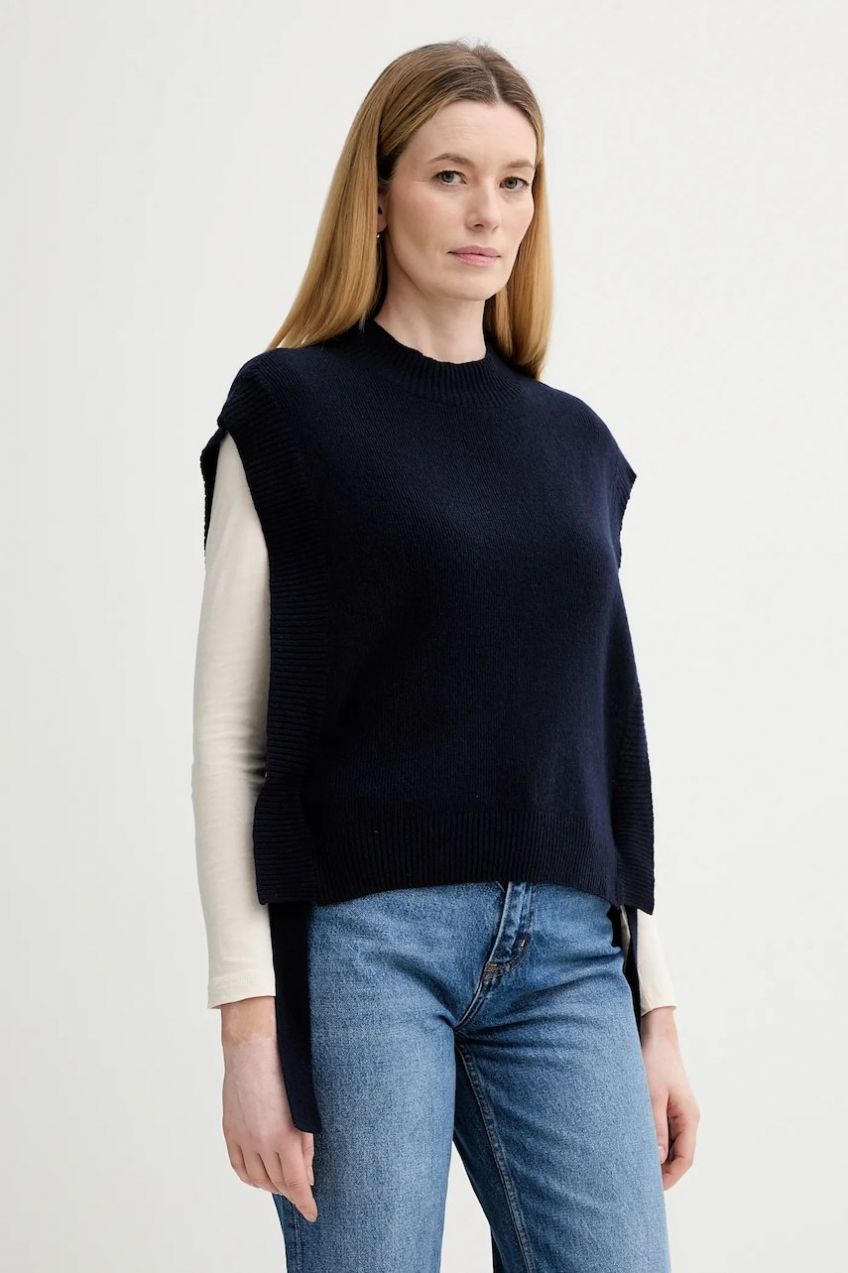 Vlnená vesta A.P.C. Pull Mathilde tmavomodrá farba, ľahké, s polorolákom, WOASA.F23430