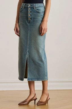 Rifľová sukňa Lauren Ralph Lauren modrá farba, midi, rovný strih, 200P03635