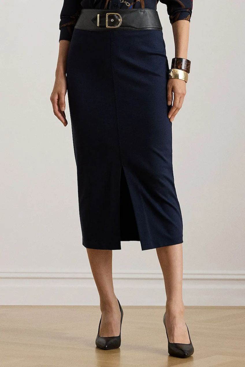 Sukňa Lauren Ralph Lauren tmavomodrá farba, midi, puzdrová, 200P03729