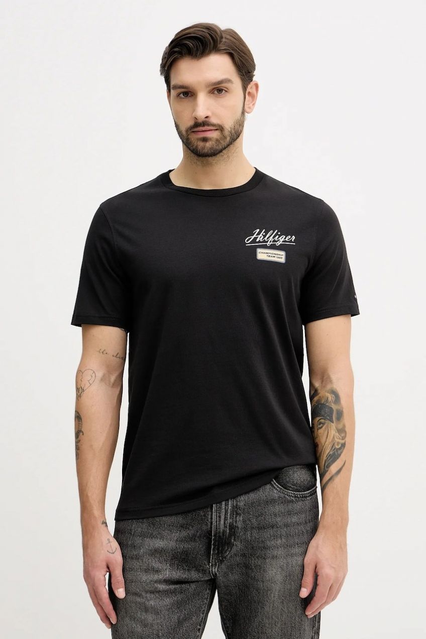 Bavlnené tričko Tommy Hilfiger pánske, čierna farba, s potlačou, MW0MW41471