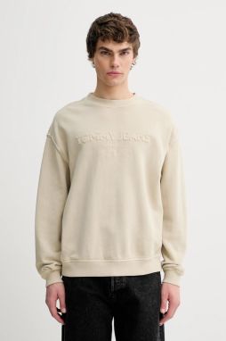 Bavlnená mikina Tommy Jeans béžová farba, s nášivkou, DM0DM22363