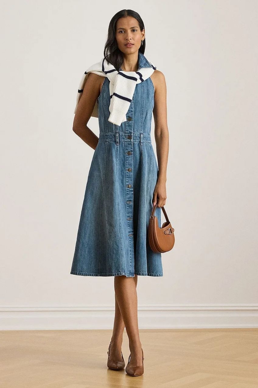 Rifľové šaty Lauren Ralph Lauren modrá farba, midi, áčkový strih, 200P03639