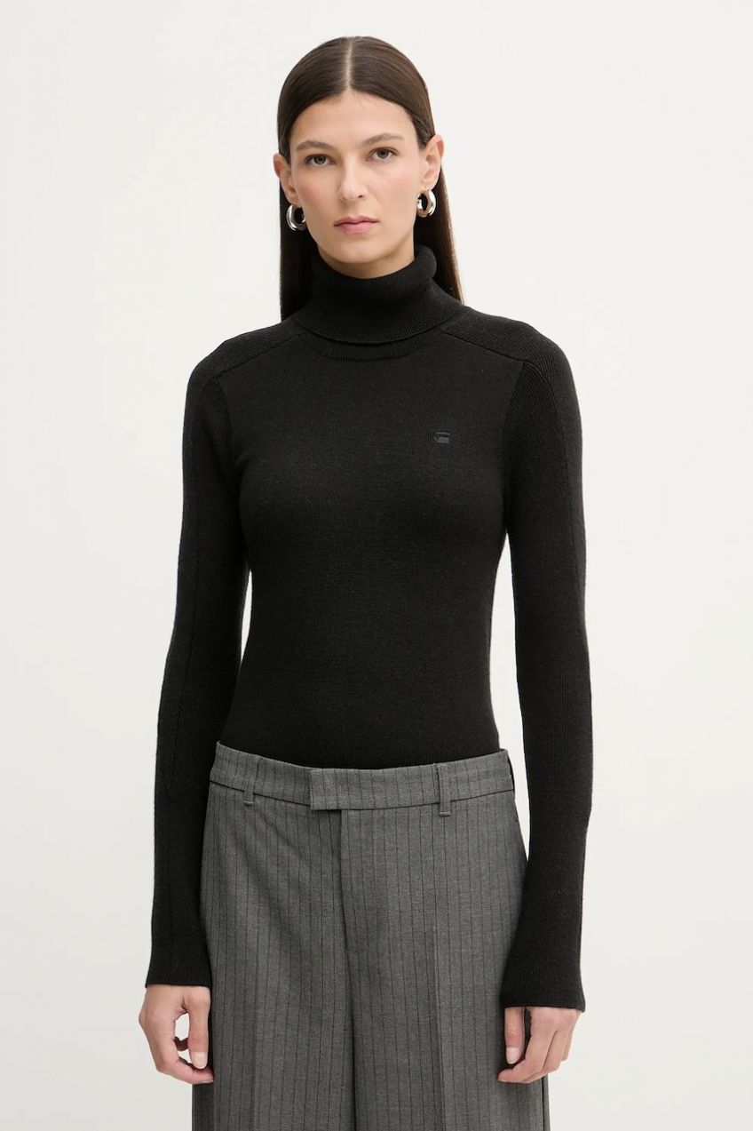 Vlnený sveter G-Star Core turtle slim knit čierna farba, ľahký, s rolákom, D27713-B692