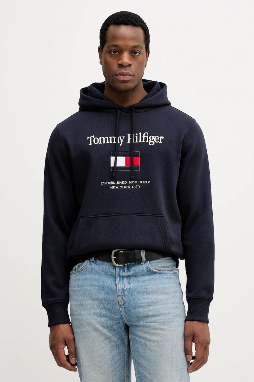Mikina Tommy Hilfiger tmavomodrá farba, s kapucňou, s nášivkou, MW0MW42735