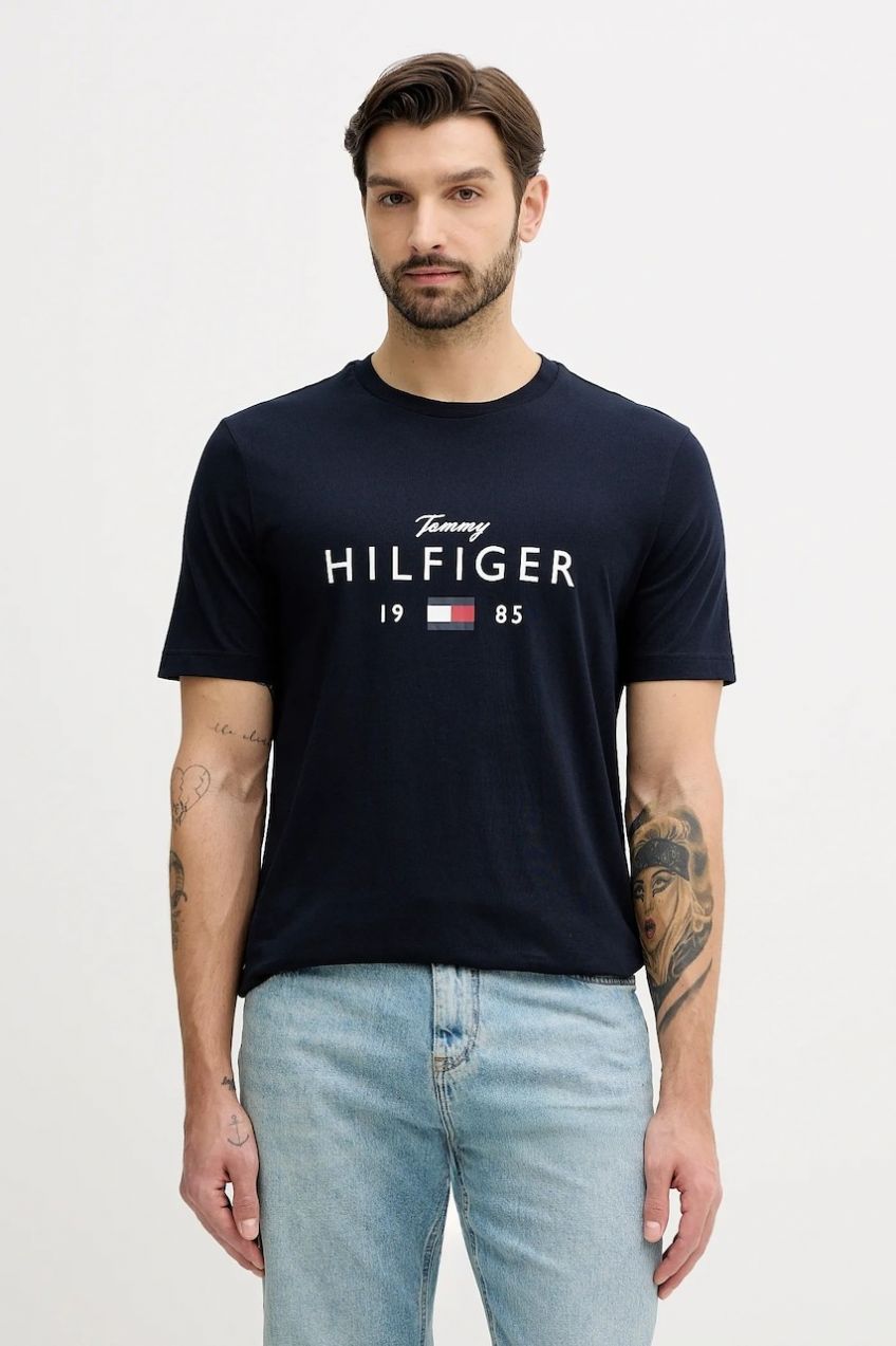 Bavlnené tričko Tommy Hilfiger pánske, tmavomodrá farba, s potlačou, MW0MW41455
