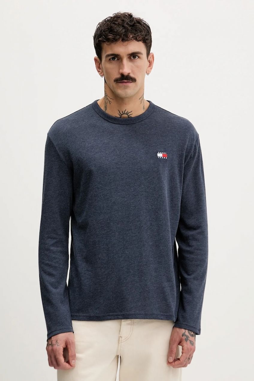 Tričko s dlhým rukávom Tommy Jeans tmavomodrá farba, s nášivkou, DM0DM22668