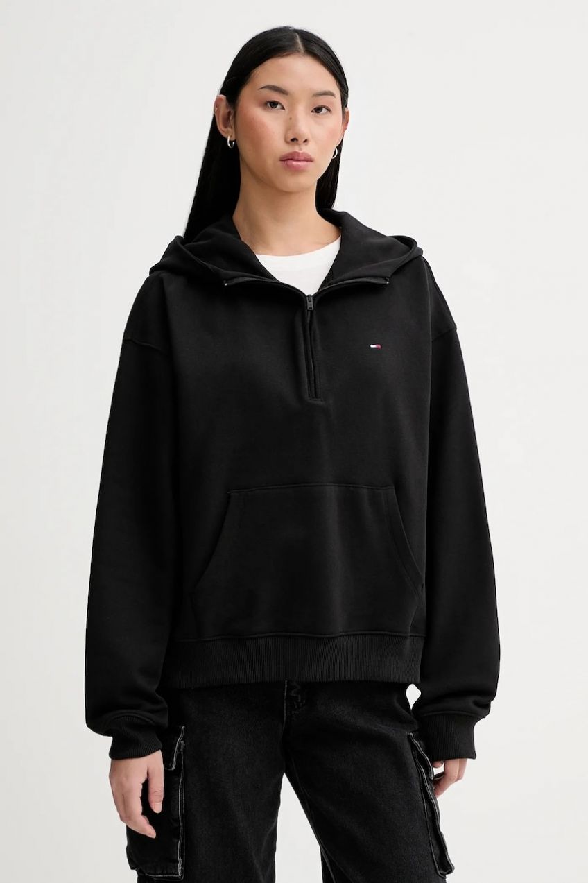 Bavlnená mikina Tommy Jeans čierna farba, s kapucňou, jednofarebná, DW0DW21924