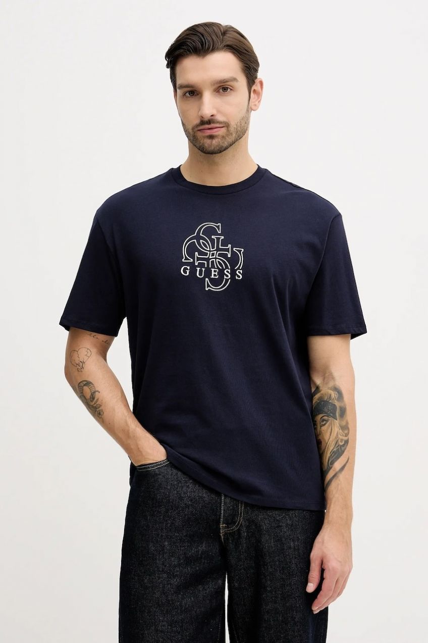 Bavlnené tričko Guess pánske, tmavomodrá farba, s potlačou, M5BI76 I3Z14