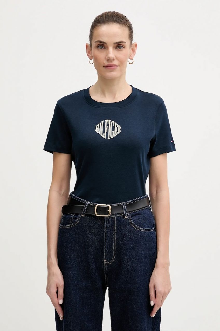 Bavlnené tričko Tommy Hilfiger dámske, tmavomodrá farba, WW0WW47880