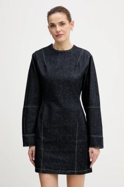 Rifľové šaty Calvin Klein Jeans tmavomodrá farba, mini, rovný strih, LV047D703G