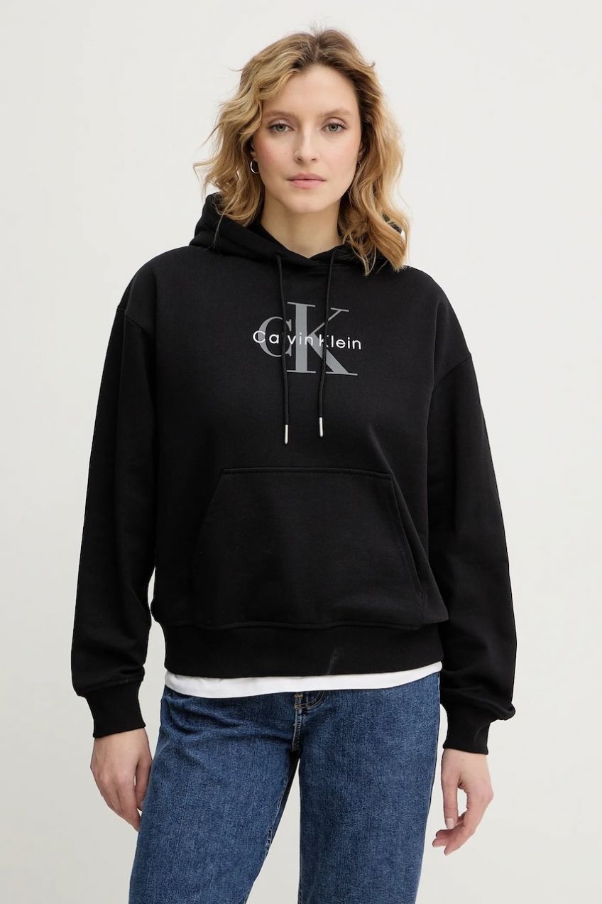 Mikina Calvin Klein Jeans čierna farba, s kapucňou, jednofarebná, LV047E221G