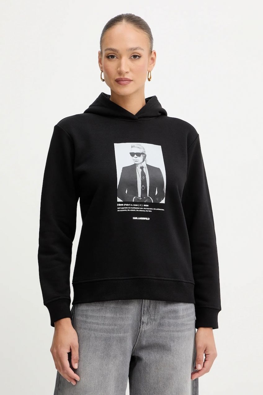 Mikina Karl Lagerfeld čierna farba, s kapucňou, s potlačou, B1W20012