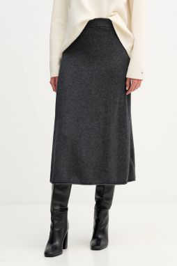 Vlnená sukňa Tommy Hilfiger šedá farba, midi, áčkový strih, WW0WW46756