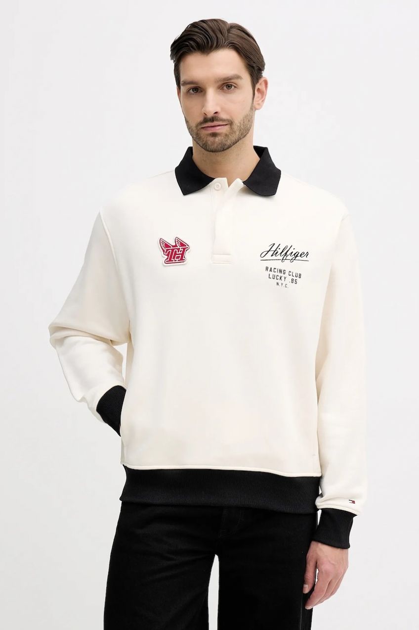 Bavlnená mikina Tommy Hilfiger béžová farba, s nášivkou, MW0MW41957