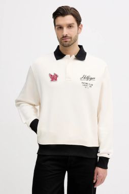 Bavlnená mikina Tommy Hilfiger béžová farba, s nášivkou, MW0MW41957