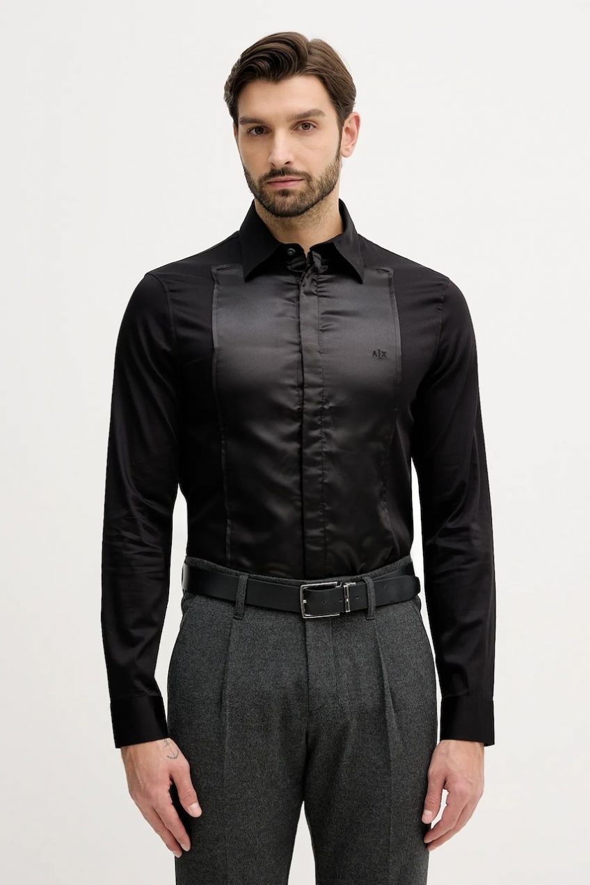 Košeľa Armani Exchange čierna farba, slim, s klasickým golierom, XM001502 AF10192