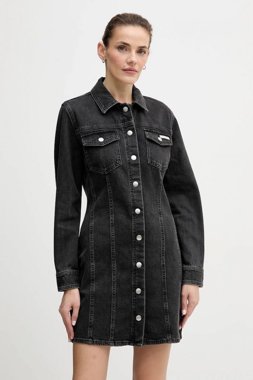 Rifľové šaty Calvin Klein Jeans čierna farba, mini, priliehavé, LV047D775G