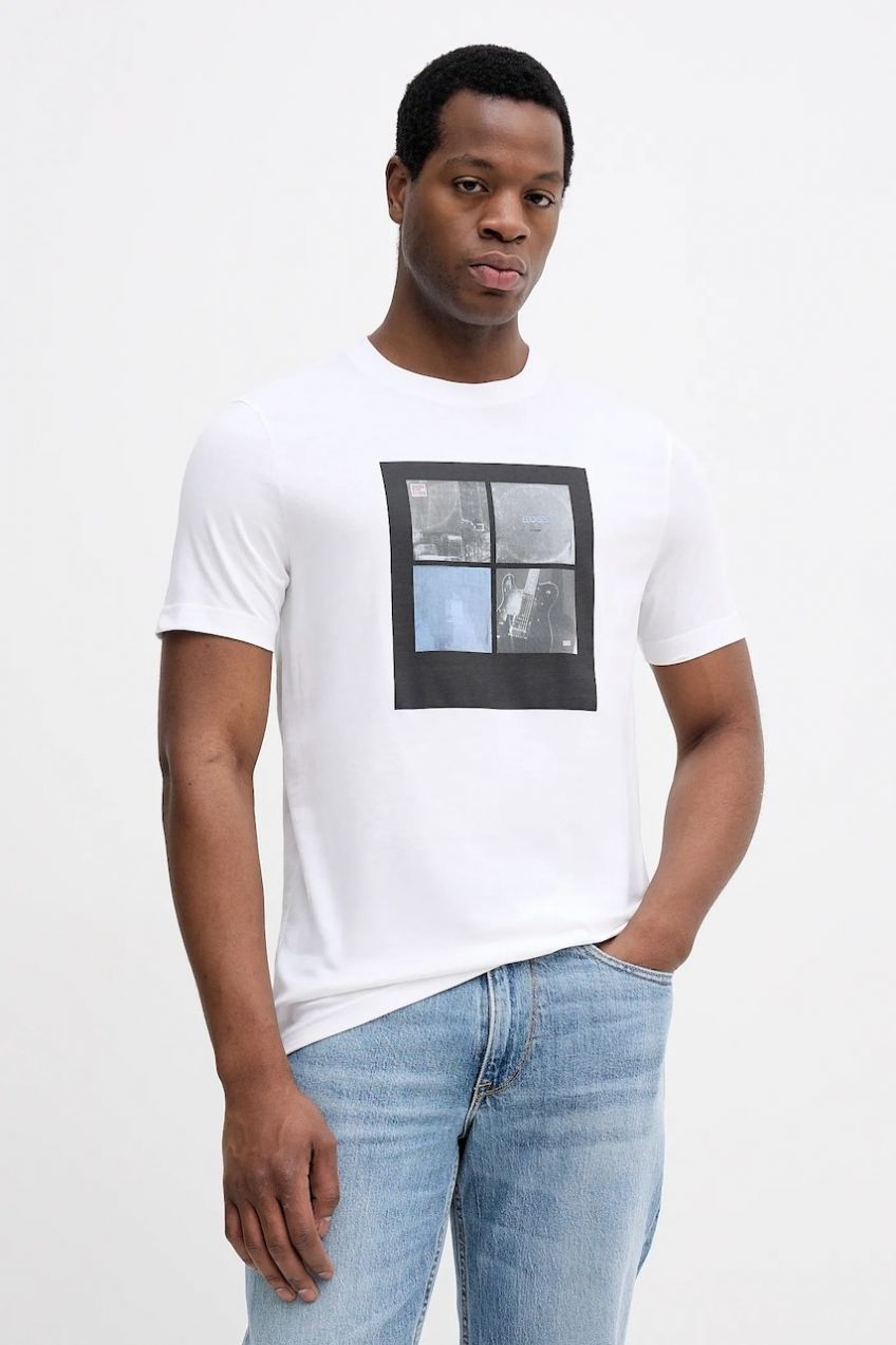 Bavlnené tričko BOSS Orange Te_Cover pánske, biela farba, s potlačou, 50556024