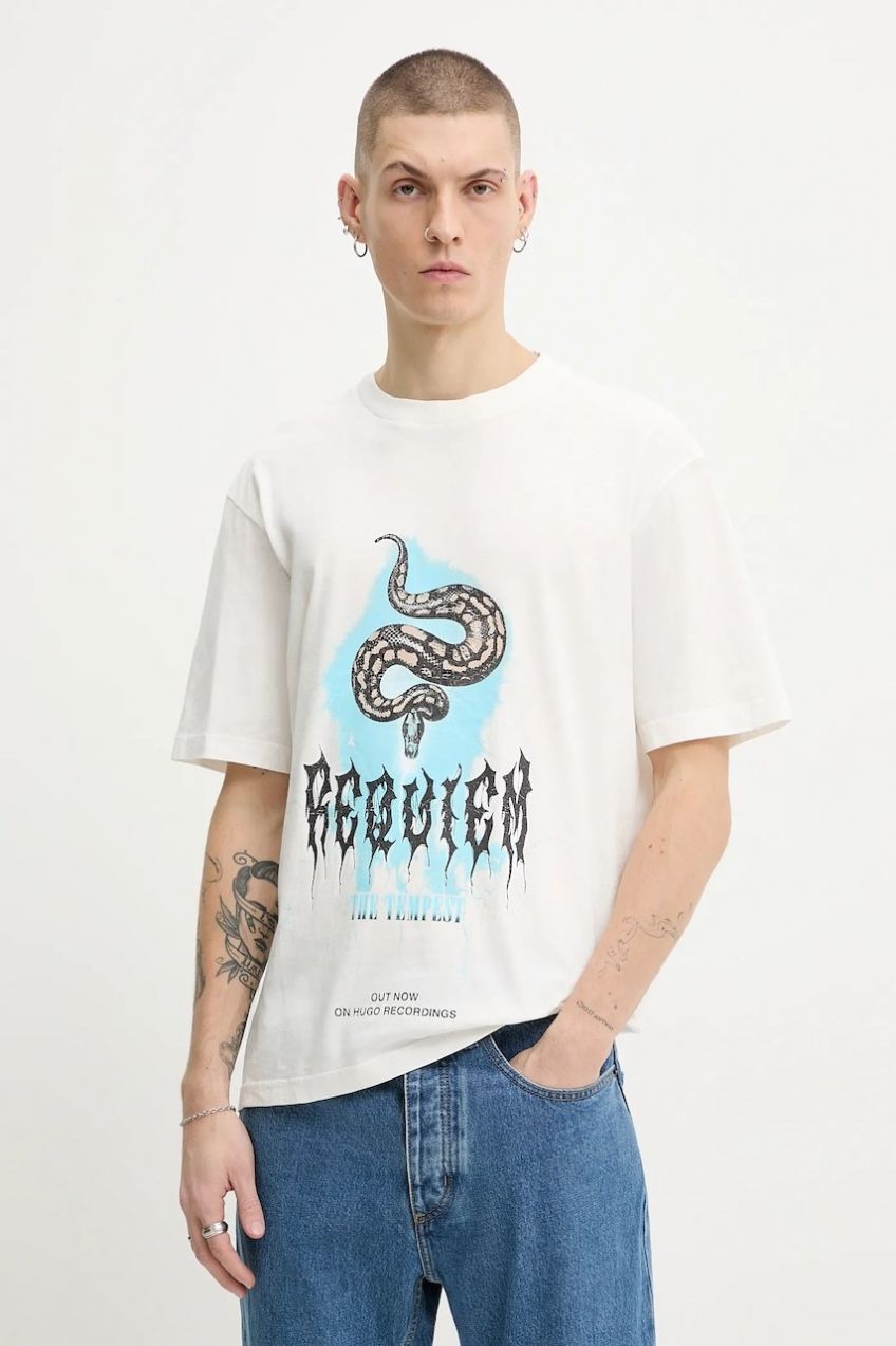 Bavlnené tričko Hugo Blue Noctornix pánske, béžová farba, s potlačou, 50554368