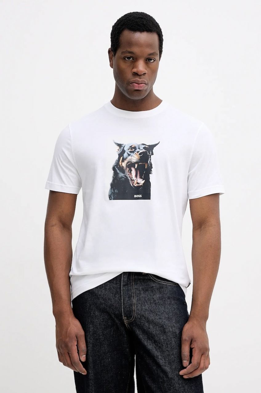 Bavlnené tričko BOSS Orange Te_Dobermann pánske, biela farba, s potlačou, 50558965