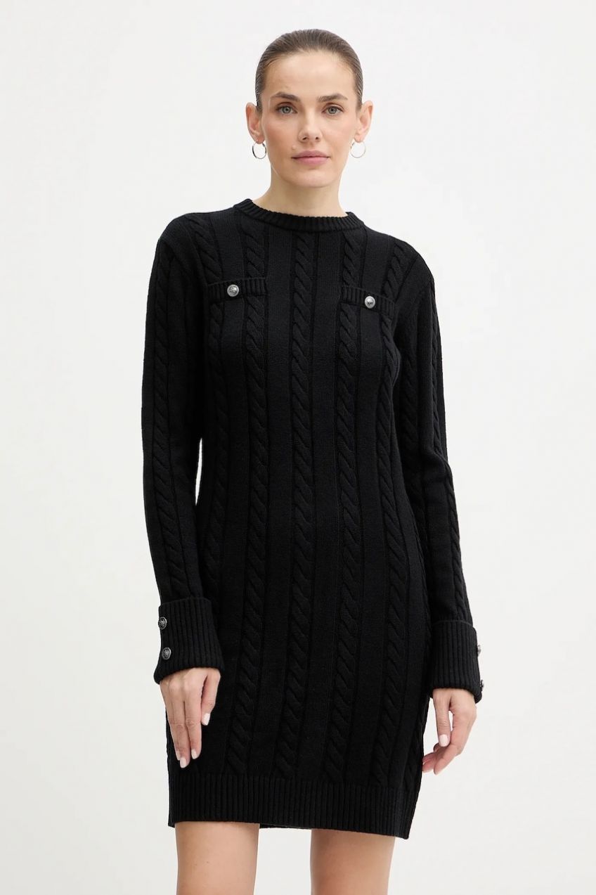 Šaty s prímesou vlny Guess ELSA čierna farba, mini, rovný strih, W5BK46 Z1192