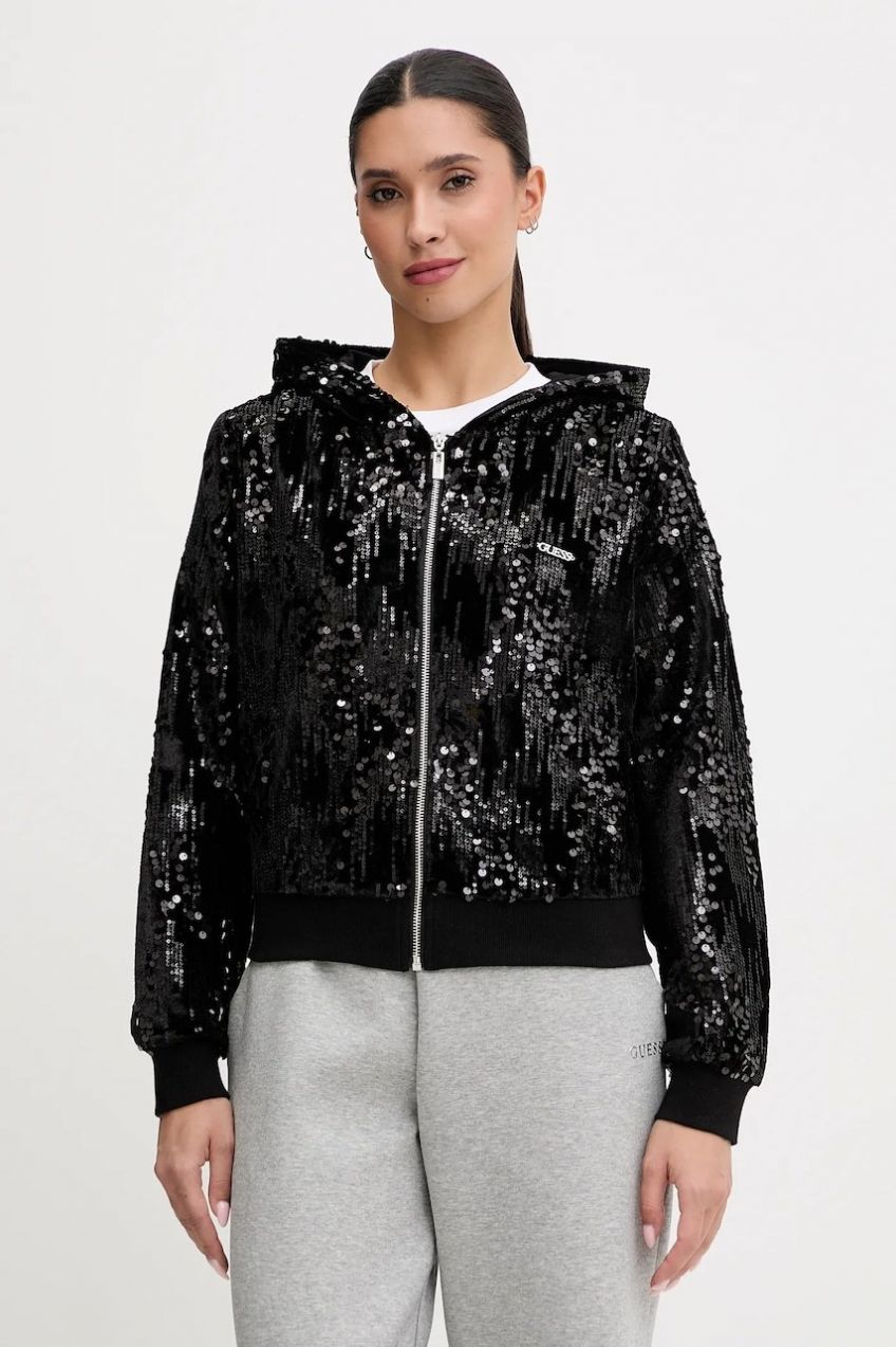 Mikina Guess čierna farba, s kapucňou, s nášivkou, V5BQ02 K1922