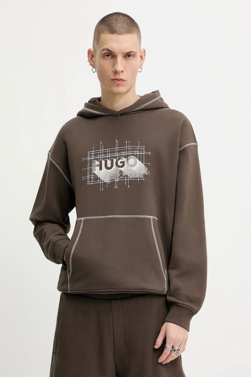 Bavlnená mikina Hugo Blue Nothalium hnedá farba, s kapucňou, vzorovaná, 50553506