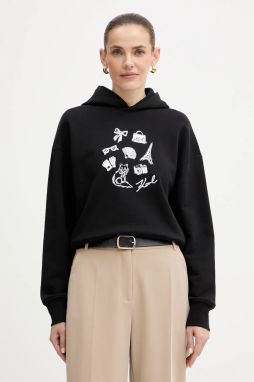 Bavlnená mikina Karl Lagerfeld čierna farba, s kapucňou, vzorovaná, B1W20019