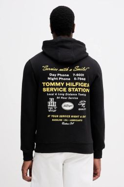 Bavlnená mikina Tommy Hilfiger čierna farba, s kapucňou, s potlačou, MW0MW41434