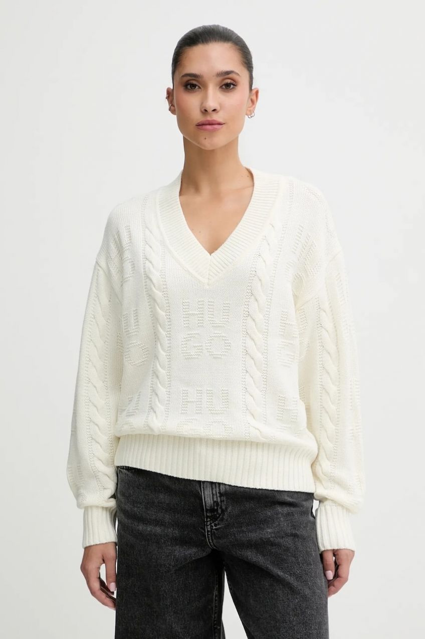 Sveter s prímesou vlny HUGO Sypres béžová farba, 50554075