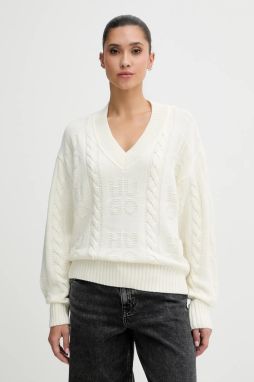 Sveter s prímesou vlny HUGO Sypres béžová farba, 50554075