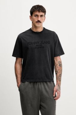 Bavlnené tričko Tommy Jeans pánske, čierna farba, s nášivkou, DM0DM22330