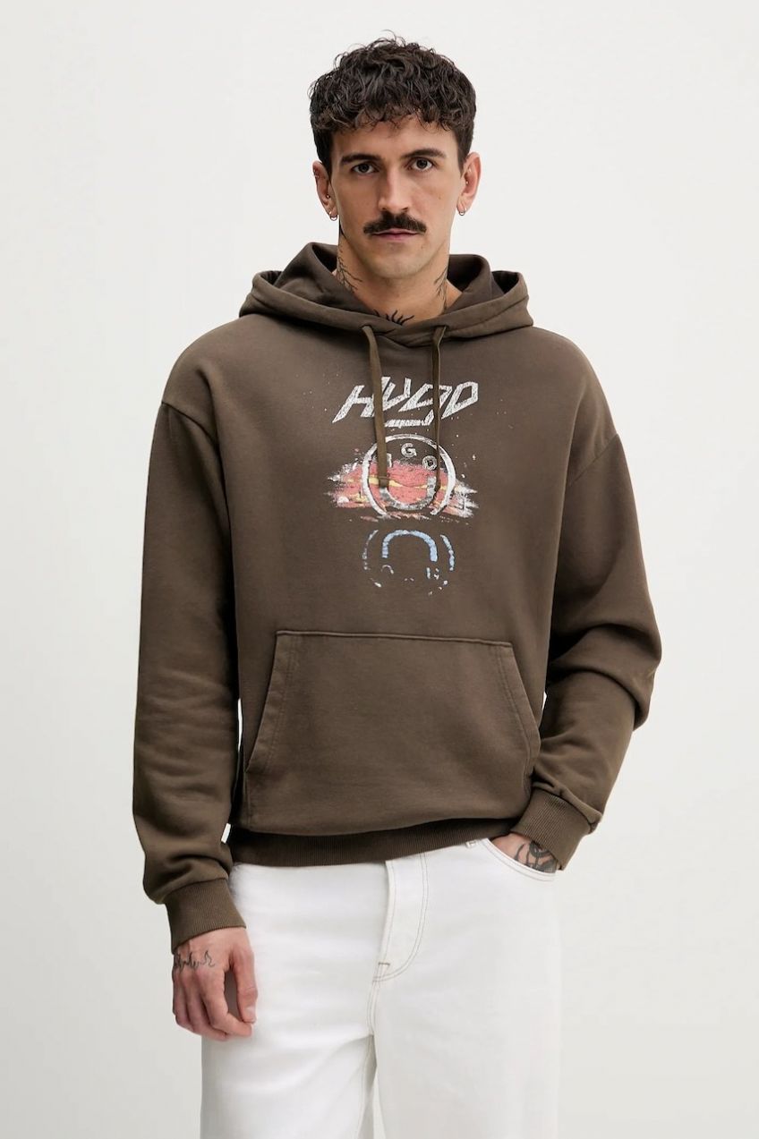 Bavlnená mikina Hugo Blue Nimponex hnedá farba, s kapucňou, s potlačou, 50554385