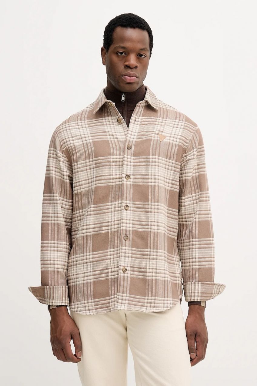 Košeľa Guess béžová farba, voľný strih, s klasickým golierom, M5BH24 W1951