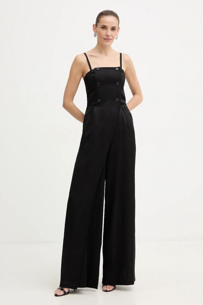 Overal s prímesou ľanu Karl Lagerfeld TAILORED JUMPSUIT čierna farba, s hlbokým výstrihom, B1W13010