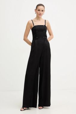 Overal s prímesou ľanu Karl Lagerfeld TAILORED JUMPSUIT čierna farba, s hlbokým výstrihom, B1W13010