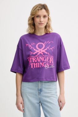 Bavlnené tričko United Colors of Benetton x Stranger Things dámske, fialová farba, 3BL0D10BC