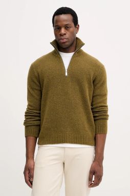 Sveter s prímesou vlny Sisley zelená farba, s rolákom, 1PJXS200Y