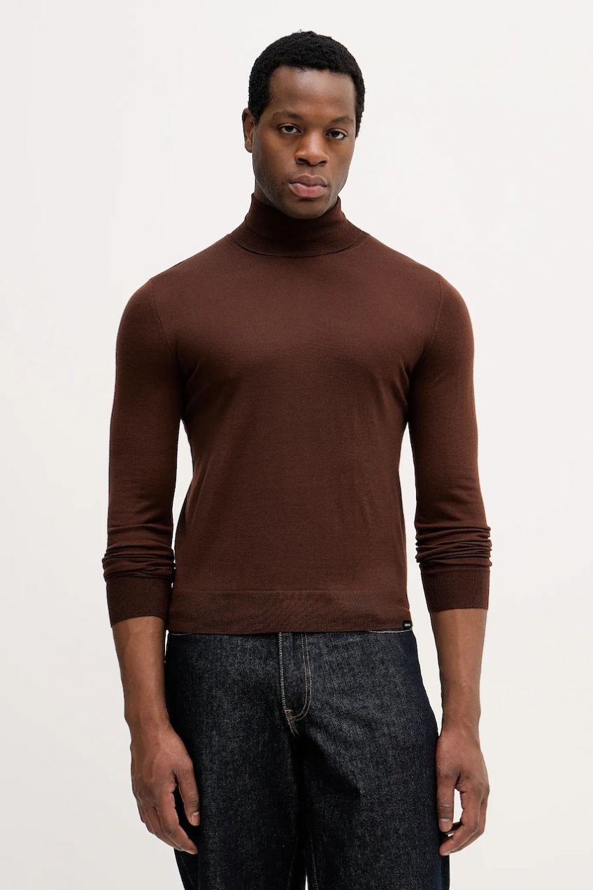 Vlnený sveter Colmar hnedá farba, ľahký, s rolákom, 4485.4ZS