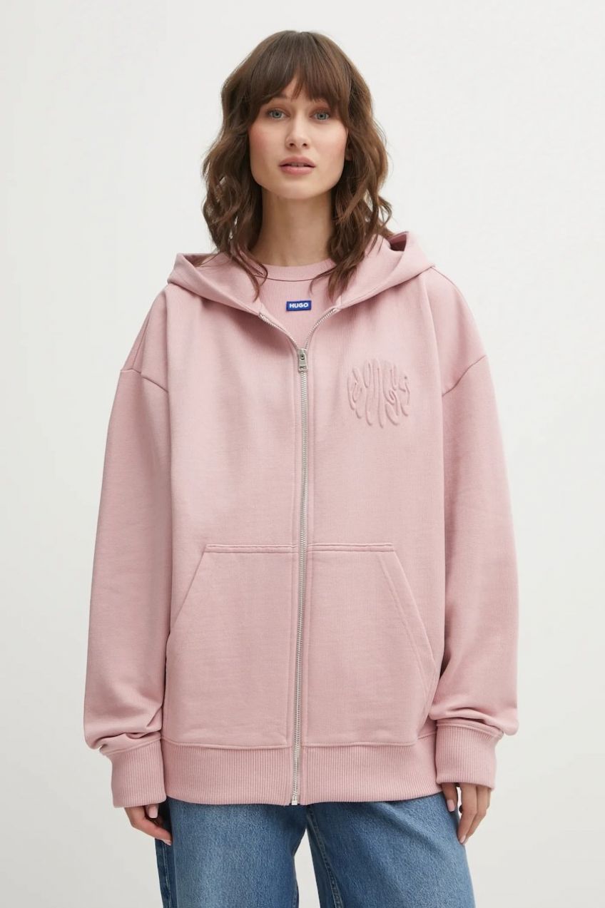 Bavlnená mikina Hugo Blue Doa_B_3 ružová farba, s kapucňou, s nášivkou, 50553980