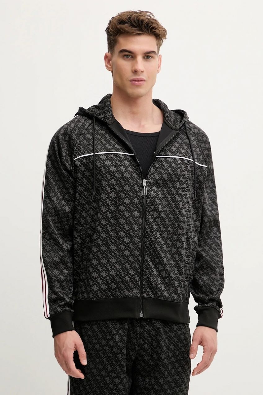 Mikina Guess PARIMO čierna farba, s kapucňou, vzorovaná, Z5BQ13 K2042