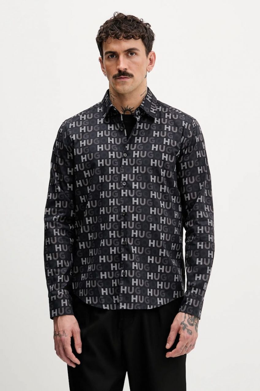 Bavlnená košeľa HUGO Ermo čierna farba, regular, s klasickým golierom, 50555775