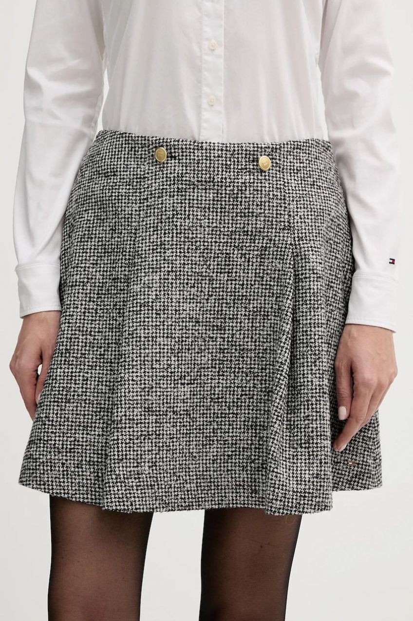 Sukňa s prímesou vlny Tommy Hilfiger šedá farba, mini, áčkový strih, WW0WW48787