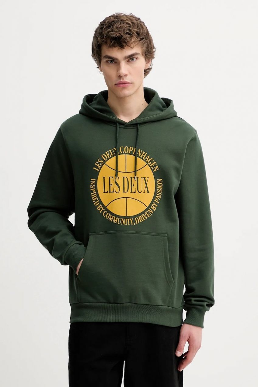 Bavlnená mikina Les Deux zelená farba, s kapucňou, vzorovaná, 1001292