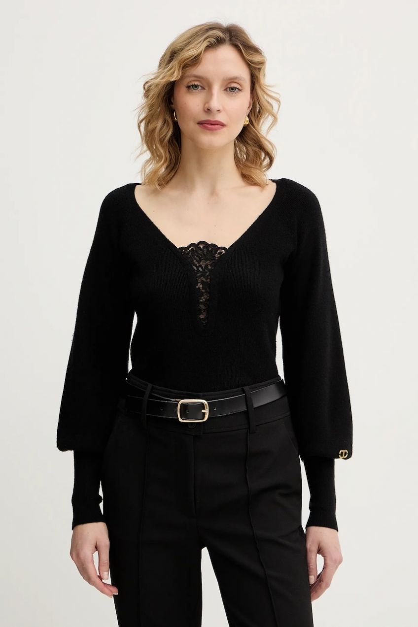 Sveter s prímesou vlny Twinset čierna farba, 252TT3392