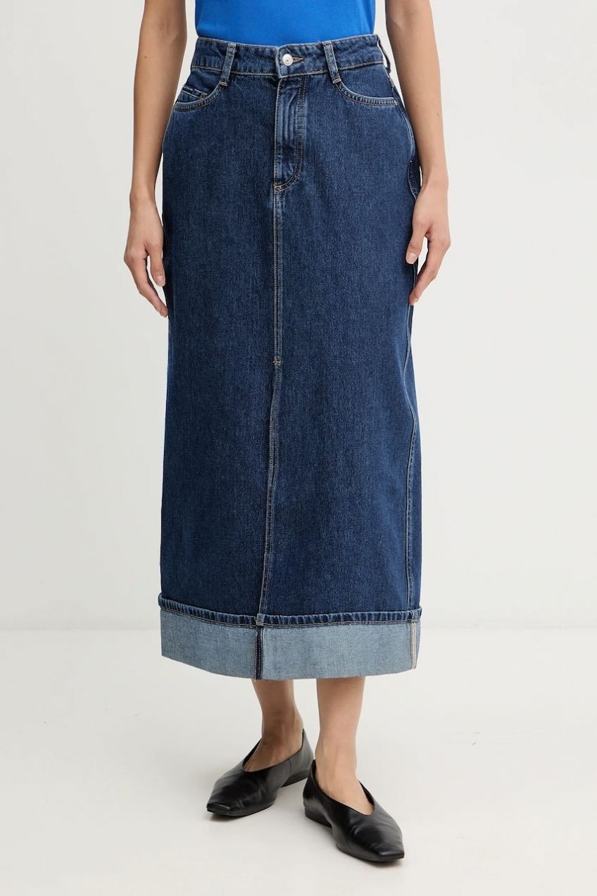Rifľová sukňa Marc O'Polo tmavomodrá farba, midi, rovný strih, 5000007883