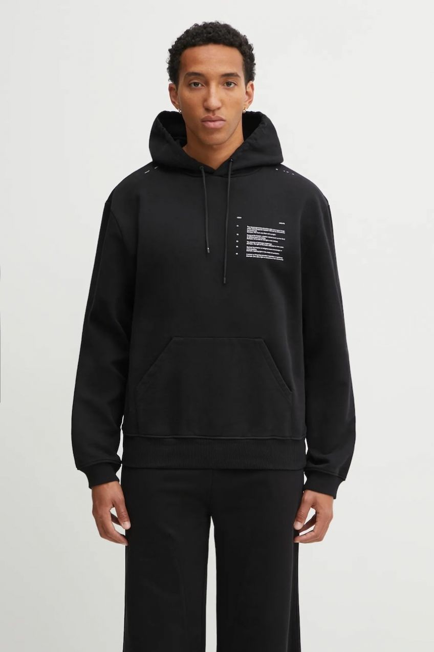 Bavlnená mikina Heliot Emil čierna farba, s kapucňou, s potlačou, AW25_M_08_087_BLK01