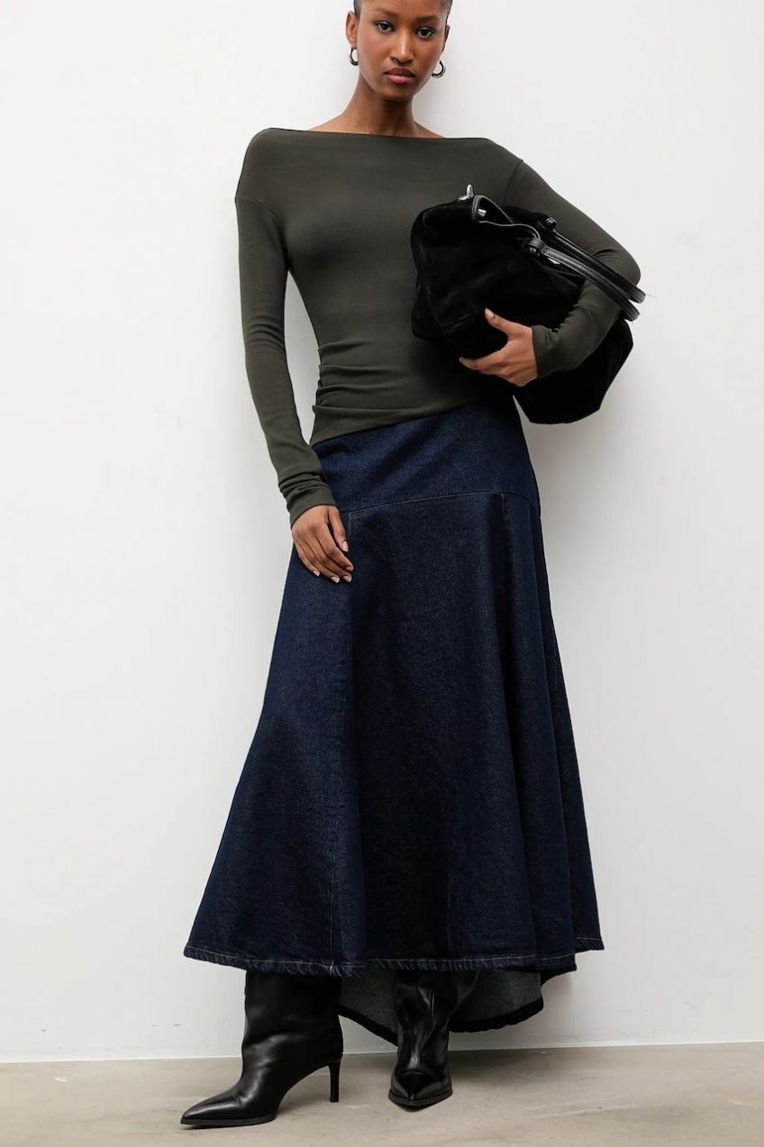 Rifľová sukňa Answear.LAB tmavomodrá farba, maxi, áčkový strih