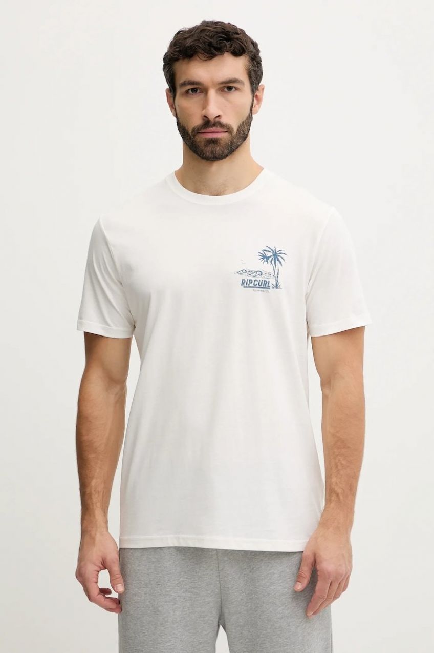 Bavlnené tričko Rip Curl pánske, béžová farba, s potlačou, 0TYMTE